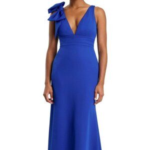 Mac Duggal Royal Blue Bow Shoulder V-Neck Gown